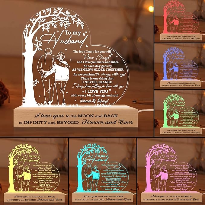 Gifts for Husband from Wife, Husband Gifts 3D Led Wooden Base, Husband Birthday Gifts, Anniversary Wedding Gifts, Fathers Day Presents for Him Husband, Gift for Dad Father from Son Daughter - LeafyLoom