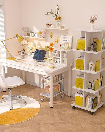 VECELO 4 Tier Rotating Bookshelf,360° Corner Display Shelf with Wheels, Book Storage with Acrylic Windows for Home Office, Living Room, Study Room, Bedroom, Small Footprint Large Capacity, White - LeafyLoom