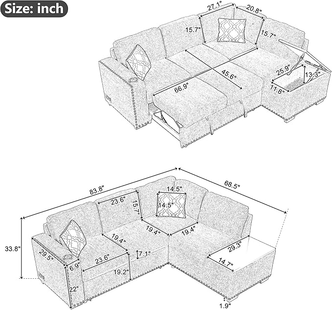 83.8“ L-Shape Sectional Sleeper Sofa with Pull out Bed and Storage Chaise, Chenille Upholstered Couch w/Cup Holder&USB Charge, for Living Room Apartment, 83.8 Inch, Light Gray - LeafyLoom