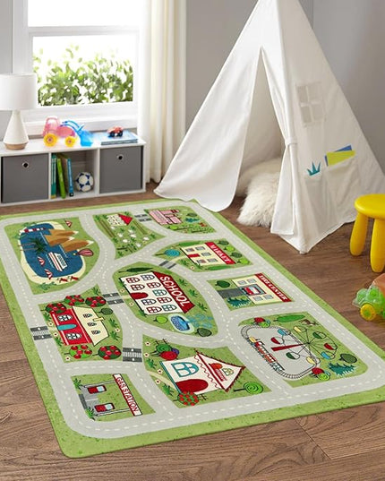 LIVEBOX Green Kids Rug for Playroom, 4'x6' Washable Road Rug for Boys Room, Non-Slip Soft Car Rug for Baby Nursery, Large Kids Floor Mats for Boys Girls Dorm Toy Room Tent - LeafyLoom