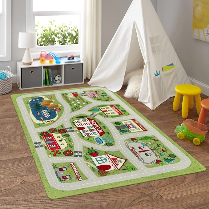 LIVEBOX Green Kids Rug for Playroom, 4'x6' Washable Road Rug for Boys Room, Non-Slip Soft Car Rug for Baby Nursery, Large Kids Floor Mats for Boys Girls Dorm Toy Room Tent - LeafyLoom