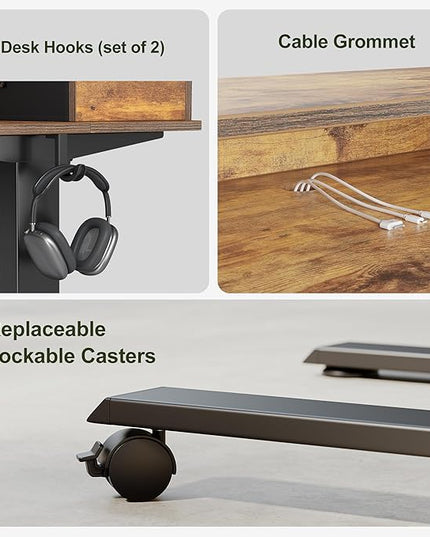 BANTI Height Adjustable Electric Standing Desk with 4 Drawers, 48 x 24 Inch Table with Storage Shelf, Sit Stand Desk, Rustic Brown Top - LeafyLoom
