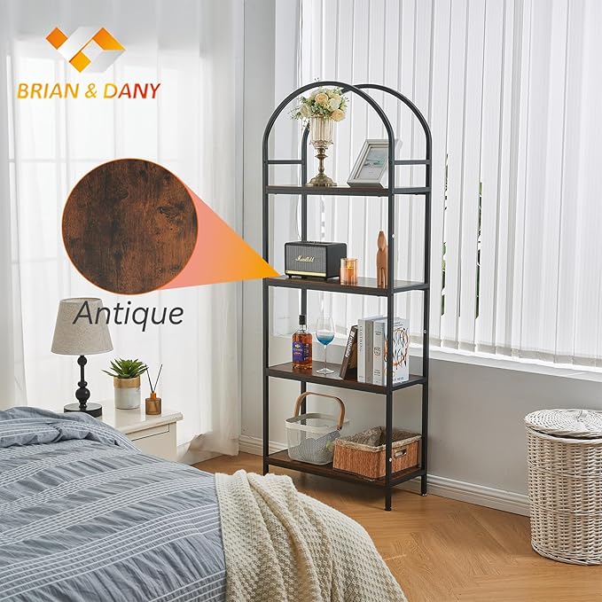 BRIAN & DANY Bookshelf, 4 Tier Tall Black Bookcase Metal Book Shelf, Larger Compartments Arched Display Shelves Open Storage Rack Shelving for Home Office, Bedroom, Living Room, Study, Antique - LeafyLoom