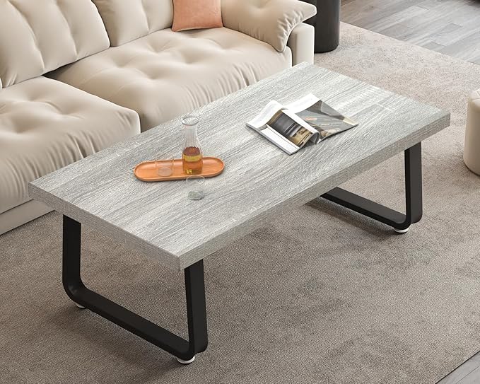 HSH Industrial Coffee Table, Modern Minimalist Center Table, Wooden Rectangle Living Room Table for Small Space, Farmhouse Wood and Metal Tea Table for Home Bedroom Office, Light Grey Oak, 47 in - LeafyLoom
