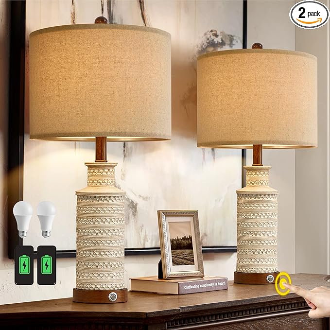 BOBOMOMO 24.5'' 3-Way Dimmable Touch Control Table Lamp Set of 2 with Dual USB Charging Ports for Bedroom Living Room Vintage Rustic Farmhouse Traditional Nightstand Bedside Lamps(Bulbs Included) - LeafyLoom