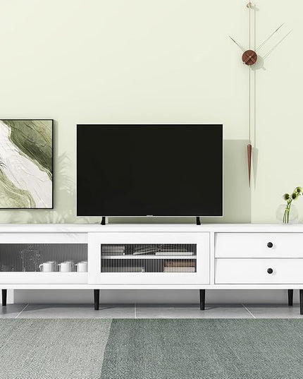 TV Stand, 71 Inch Media Console with Sliding Fluted Glass Doors, Slanted Drawers for TVs Up to 75 Inch, Modern Elegant TV Cabinet with Ample Storage Space for Living Room, White - LeafyLoom