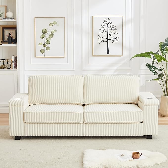 Modern Living Room Upholstered 3 Seater Sofa Couch Deep Seat Soft Corduroy Sofa&Couch with Storage Armrests, 2 Cupholders, Type-C and USB Charging Ports for Home, Apartment, Office - LeafyLoom