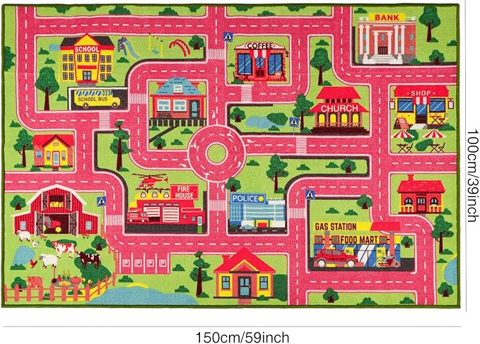 Kids Carpet Playmat Rug 59"x39.4", Car Rug for Kids Cars, Non-Slip Town City Road Map Kids Rug for Playroom Bedroom Boys, Kids Car Mat Road Rug, Track Rug Car Play Rug for Kids (59X39.4 INCH-Pink) - LeafyLoom