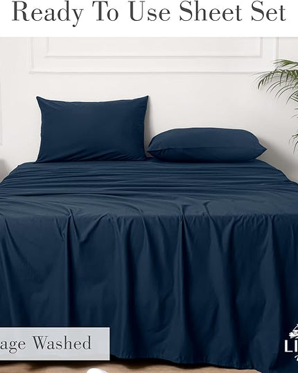 Linen Home Washed Cotton Percale King Sheet Set, Navy Blue, Deep Pocket, 4 Pieces Bed Sheets - 1 Flat Sheet, 1 Fitted Sheet & 2 Envelope Closure Pillowcases, Cool and Comfortable Bed Linen - LeafyLoom