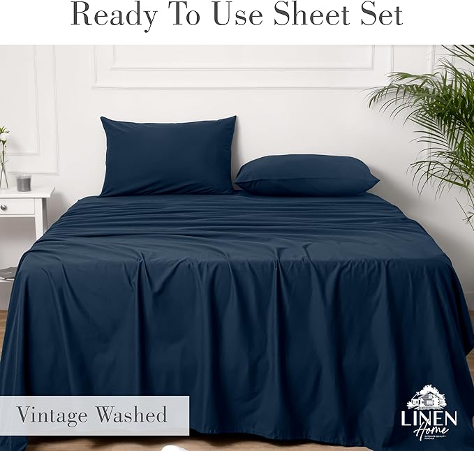 Linen Home Washed Cotton Percale Full Sheet Set, Navy Blue, Deep Pocket, 4 Pieces Bed Sheets - 1 Flat Sheet, 1 Fitted Sheet & 2 Envelope Closure Pillowcases, Cool and Comfortable Bed Linen - LeafyLoom