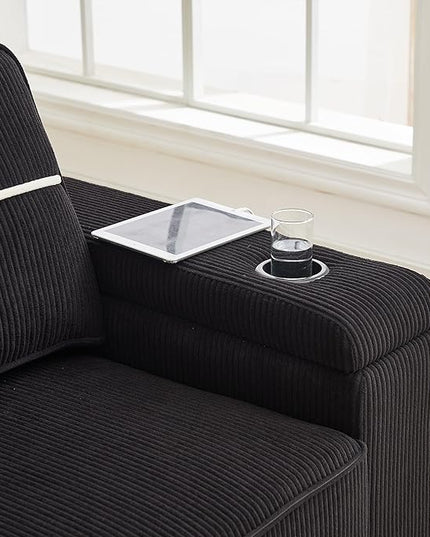 Modern Living Room Upholstered 3 Seater Sofa Couch Deep Seat Soft Corduroy Sofa&Couch with Storage Armrests, 2 Cupholders, Type-C and USB Charging Ports for Home, Apartment, Office - LeafyLoom
