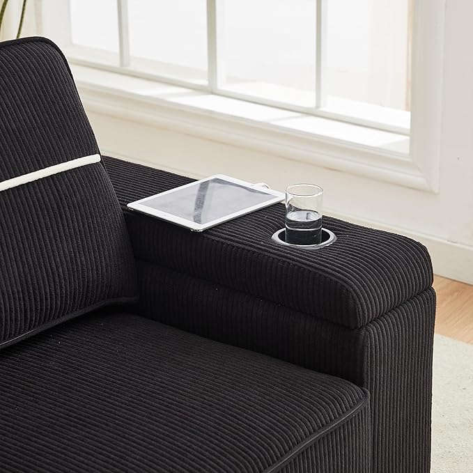 Modern Living Room Upholstered 3 Seater Sofa Couch Deep Seat Soft Corduroy Sofa&Couch with Storage Armrests, 2 Cupholders, Type-C and USB Charging Ports for Home, Apartment, Office - LeafyLoom