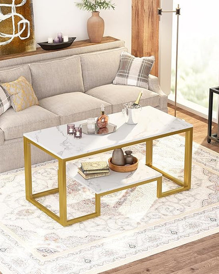Coffee Table White Faux Marble Coffee Table for Living Room,2 Tiers Rectangle Center Table with Sturdy Metal Frame,Modern Marble Living RoomTable Accent Table for Bedroom Home Office - LeafyLoom