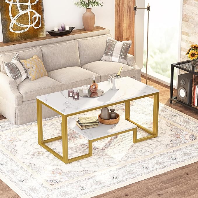 Coffee Table White Faux Marble Coffee Table for Living Room,2 Tiers Rectangle Center Table with Sturdy Metal Frame,Modern Marble Living RoomTable Accent Table for Bedroom Home Office - LeafyLoom