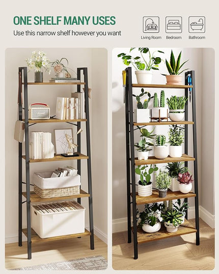 Ladder Shelf, Bookshelf Bookcase, Freestanding Corner Storage Shelve with 2 Hooks for Home Office, Living Room, Kitchen, Bedroom, Industrial, 5-Tier Rustic Brown BC19301B - LeafyLoom