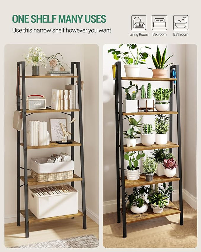 Ladder Shelf, Bookshelf Bookcase, Freestanding Corner Storage Shelve with 2 Hooks for Home Office, Living Room, Kitchen, Bedroom, Industrial, 5-Tier Rustic Brown BC19301B - LeafyLoom