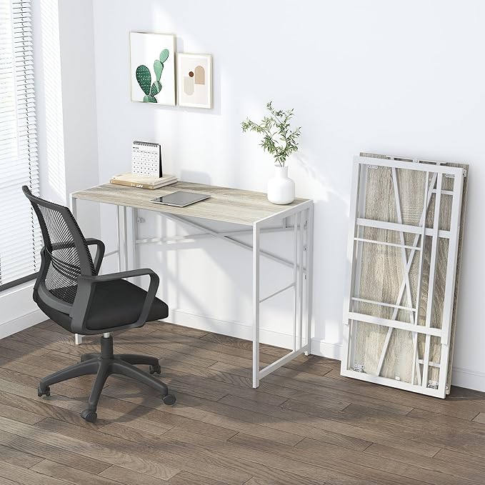 Folding Desk 40 inch Writing Gaming Computer Camping Table, No Assembly Required Home Office Desk, Beige - LeafyLoom