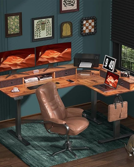 67 Inch L Shaped Electric Standing Desk with 4 Drawers, Height Adjustable Corner Desk with Monitor Stand for Home Office, Rustic Brown - LeafyLoom