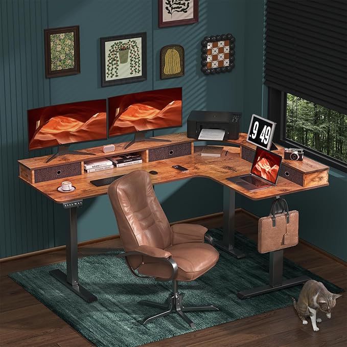 67 Inch L Shaped Electric Standing Desk with 4 Drawers, Height Adjustable Corner Desk with Monitor Stand for Home Office, Rustic Brown - LeafyLoom