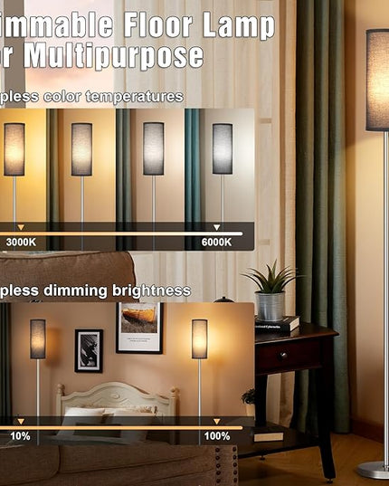 Ambimall Floor Lamps for Living Room, Modern Silver Floor Lamp with Remote Control and Stepless Dimmable Colors Temperature & Brightness (9W Bulb Included, Black Lampshade) - LeafyLoom