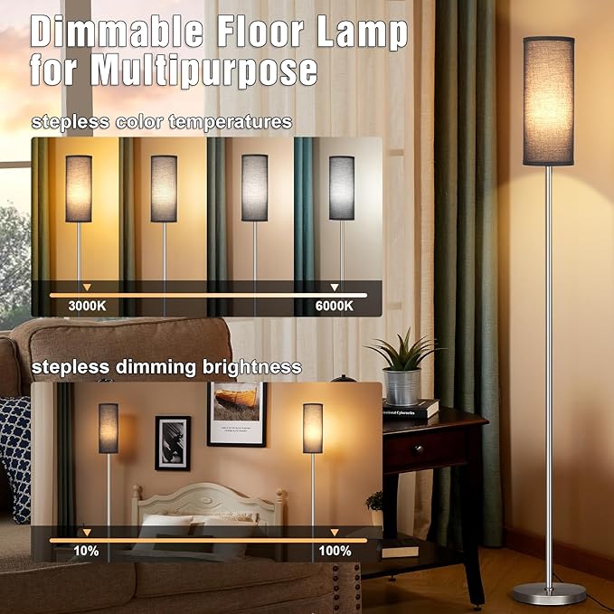 Ambimall Floor Lamps for Living Room, Modern Silver Floor Lamp with Remote Control and Stepless Dimmable Colors Temperature & Brightness (9W Bulb Included, Black Lampshade) - LeafyLoom