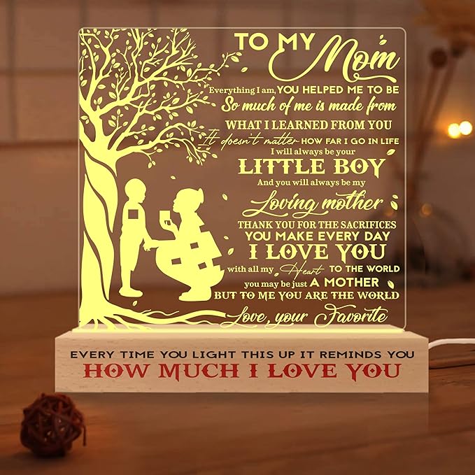 to my Mom 3D Illusion Lamp w/Wooden Base USB Powered, Mom Acrylic Night Light, Gift from Daughter, Bonus Mom Stepmom Gift, Lamp Present for Mom Mother, Gift for Birthday Mothers Day - LeafyLoom
