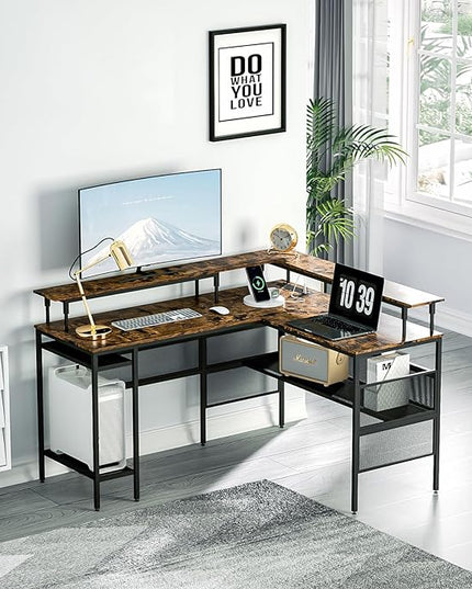 L Shaped Gaming Desk with Power Outlets & LED Lights, Computer Desk with Monitor Stand & Storage Shelves, Home Office L Shaped Desk Corner Gaming Desk, Brown - LeafyLoom