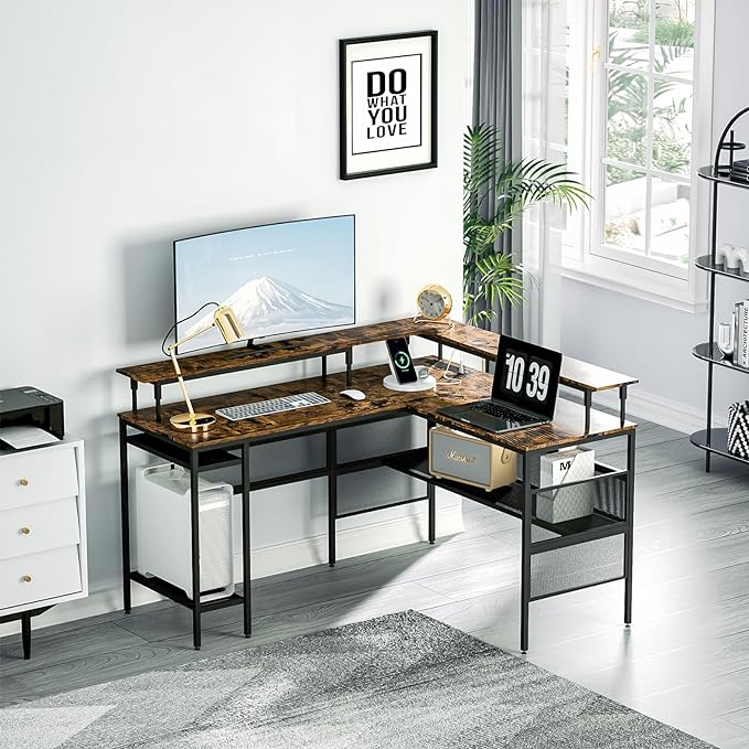 L Shaped Gaming Desk with Power Outlets & LED Lights, Computer Desk with Monitor Stand & Storage Shelves, Home Office L Shaped Desk Corner Gaming Desk, Brown - LeafyLoom