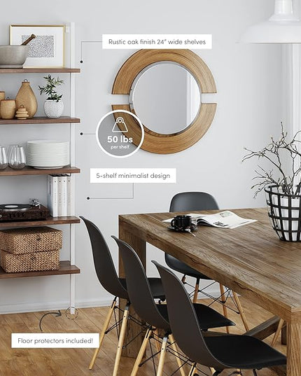 Nathan James Theo 5-Shelf Wood Modern Bookcase, Open Wall Mount Ladder Bookshelf with Industrial Metal Frame, Light Brown Oak/White - LeafyLoom