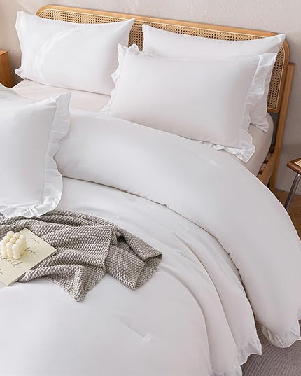 JANZAA California King Comforter Set White Comforter Ruffle 3PCS Soft Fluffy Boho Comforter Vintage Farmhouse Bed Comforter Set Shabby Chic Bedding with 2 Pillowcases for All Season - LeafyLoom