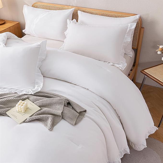 JANZAA California King Comforter Set White Comforter Ruffle 3PCS Soft Fluffy Boho Comforter Vintage Farmhouse Bed Comforter Set Shabby Chic Bedding with 2 Pillowcases for All Season - LeafyLoom