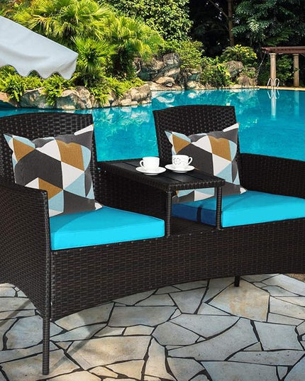 LUARANE Outdoor Rattan Sofas, Contract Patio Conversation Set Wicker Sofa Set with Built-in Coffee Table, Patio Furniture Set with Cushions, Rattan Loveseat for Lawn Backyard Garden (Brown+Blue) - LeafyLoom
