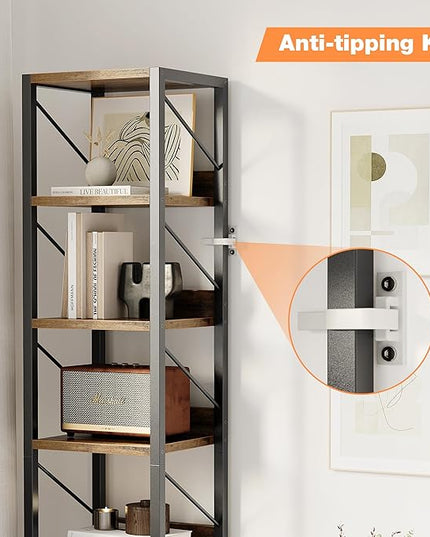 IDEALHOUSE Narrow Bookshelf Tall Skinny Bookcase 6 Tier Storage Rack Rustic Corner Shelf Metal Frame Small Freestanding Bookshelves Industrial Display Stand for Bedroom, Living Room, Home Office - LeafyLoom