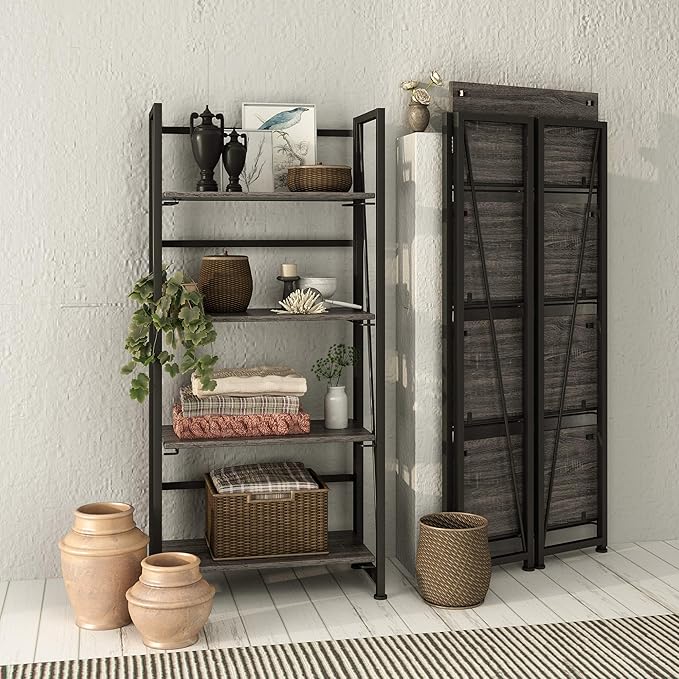 No-Assembly Folding Bookshelf Storage Shelves 4 Tiers Vintage Multifunctional Plant Flower Stand Storage Rack Shelves Bookcase for Home Office (Gray and Black-4, 4-Tier) - LeafyLoom