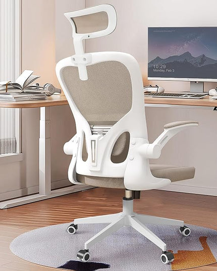 Ergonomic Office Chair, High Back Mesh Computer Desk Chair with Flip-up Arms, Adjustable Lumbar Support & Headrest, Swivel Rolling Task Chair for Home Office, Bedroom, Study, College Dorm khaki - LeafyLoom