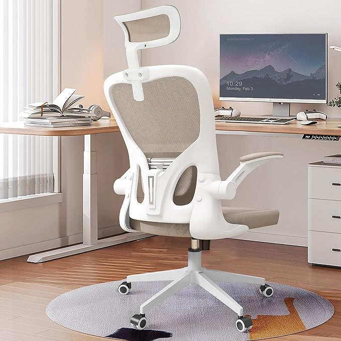 Ergonomic Office Chair, High Back Mesh Computer Desk Chair with Flip-up Arms, Adjustable Lumbar Support & Headrest, Swivel Rolling Task Chair for Home Office, Bedroom, Study, College Dorm khaki - LeafyLoom