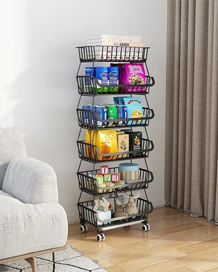 Wisdom Star 6 Tier Fruit Vegetable Basket for Kitchen, Fruit Vegetable Storage Cart/ Bins for Onions and Potatoes, Wire Storage Organizer Utility Cart with Wheels, Black - LeafyLoom