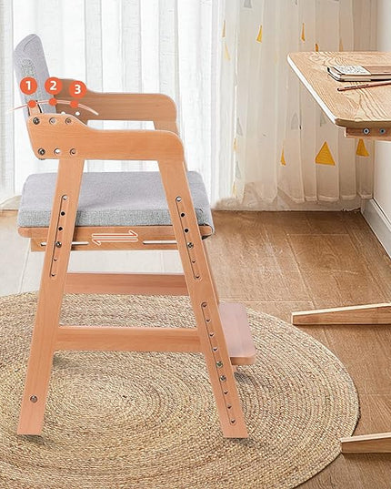 Ezebaby Wooden High Chair, Adjustable Highchair for Toddlers to Teens with Steps, Kids Dining Chair, Study Chair with Removable Cushion (Natural Color) - LeafyLoom