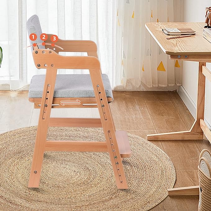 Ezebaby Wooden High Chair, Adjustable Highchair for Toddlers to Teens with Steps, Kids Dining Chair, Study Chair with Removable Cushion (Natural Color) - LeafyLoom