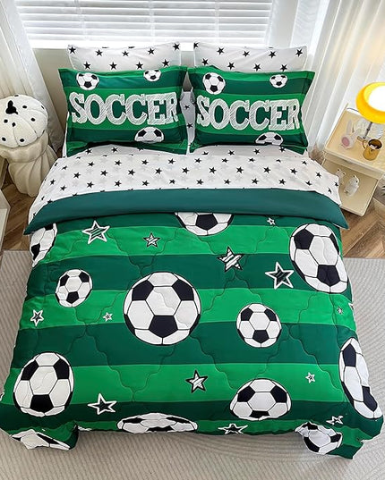 7 Piece Boys Soccer Comforter Set Queen Size Bed in A Bag 3D Football Playground Sports Bedding Set for Kids Microfiber Comforter All Season Green - LeafyLoom