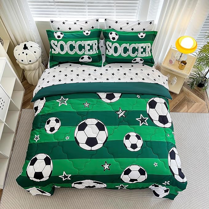 7 Piece Boys Soccer Comforter Set Full Size Bed in A Bag 3D Football Playground Sports Bedding Set for Kids Microfiber Comforter All Season Green - LeafyLoom