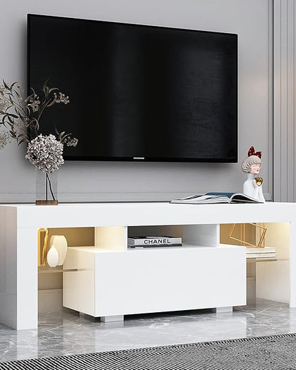 TV Stand Base, Entertainment Center Cabinet with LED Light Media Console for Living Room, Bedroom, 51 Inch, White - LeafyLoom