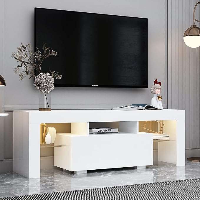 HOUAGI LED TV Stand for Televisions up to 55 Inchs,Modern Entertainment Center with Storage Drawer and Glass shelf, TV Console Table for Living room,Bedroom,White - LeafyLoom