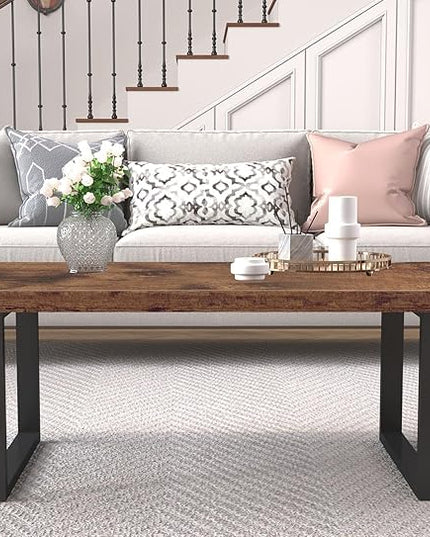 IBF Rustic Living Room Table, Simple Industrial Rectangle Coffee Table, Modern Minimalist Farmhouse Wooden Center Table, Wood and Metal Vintage Coffee Table for Bedroom Office, Rustic Brown, 47 Inch - LeafyLoom