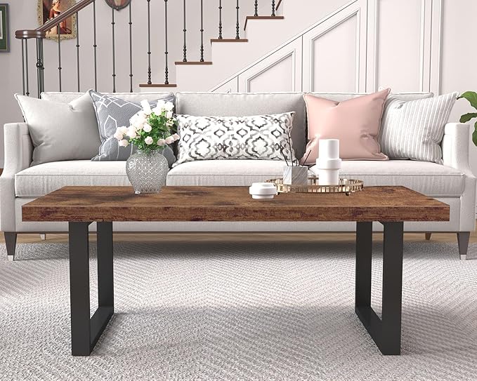 IBF Rustic Living Room Table, Simple Industrial Rectangle Coffee Table, Modern Minimalist Farmhouse Wooden Center Table, Wood and Metal Vintage Coffee Table for Bedroom Office, Rustic Brown, 47 Inch - LeafyLoom