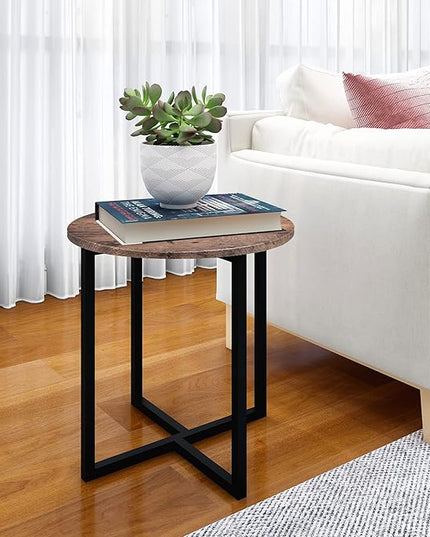 Round Coffee Table Rustic End Table Family Accent Table for Small Space in Living Room, Bedroom Stable Metal Frame, Rustic Brown - LeafyLoom