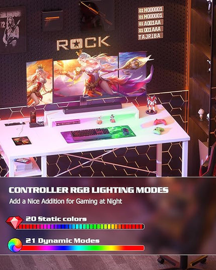 armocity Computer Desk with LED Lights, Gaming Desk with Power Outlet and USB, 40 Reversible Laptop Table with Moveable Monitor Stand, Small Desk for Small Spaces, Office, Gaming Room, White - LeafyLoom