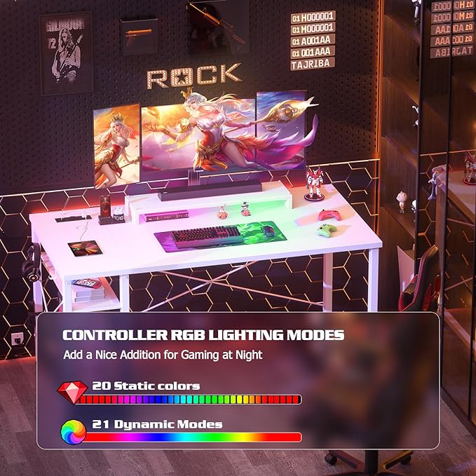 armocity Computer Desk with LED Lights, Gaming Desk with Power Outlet and USB, 40 Reversible Laptop Table with Moveable Monitor Stand, Small Desk for Small Spaces, Office, Gaming Room, White - LeafyLoom