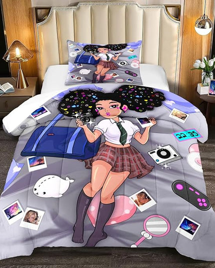 Black Girl Comforter Set - Twin Comforter Set for Girls - African American Comforter Sets for Girls Kids Comforter Sets for Girls Bedroom Decor 2 Piece Pretty Black Girl Bedding Set with 1 Pillowcase - LeafyLoom