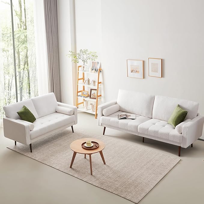 Vonanda 56" Loveseat Small Couch, Mid-Century 2 Seater Sofa velvet boucle Couch with Hand-Stitched Comfort Cushion and Bolster Pillows for Living Room, Loveseat Boucle White - LeafyLoom